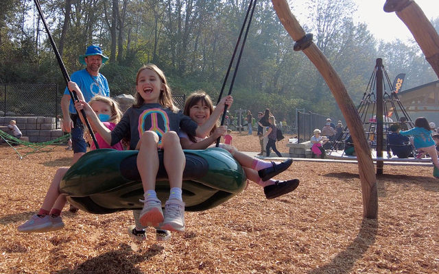 Kids play on the swing at Newport Hills Woodlawn Park.